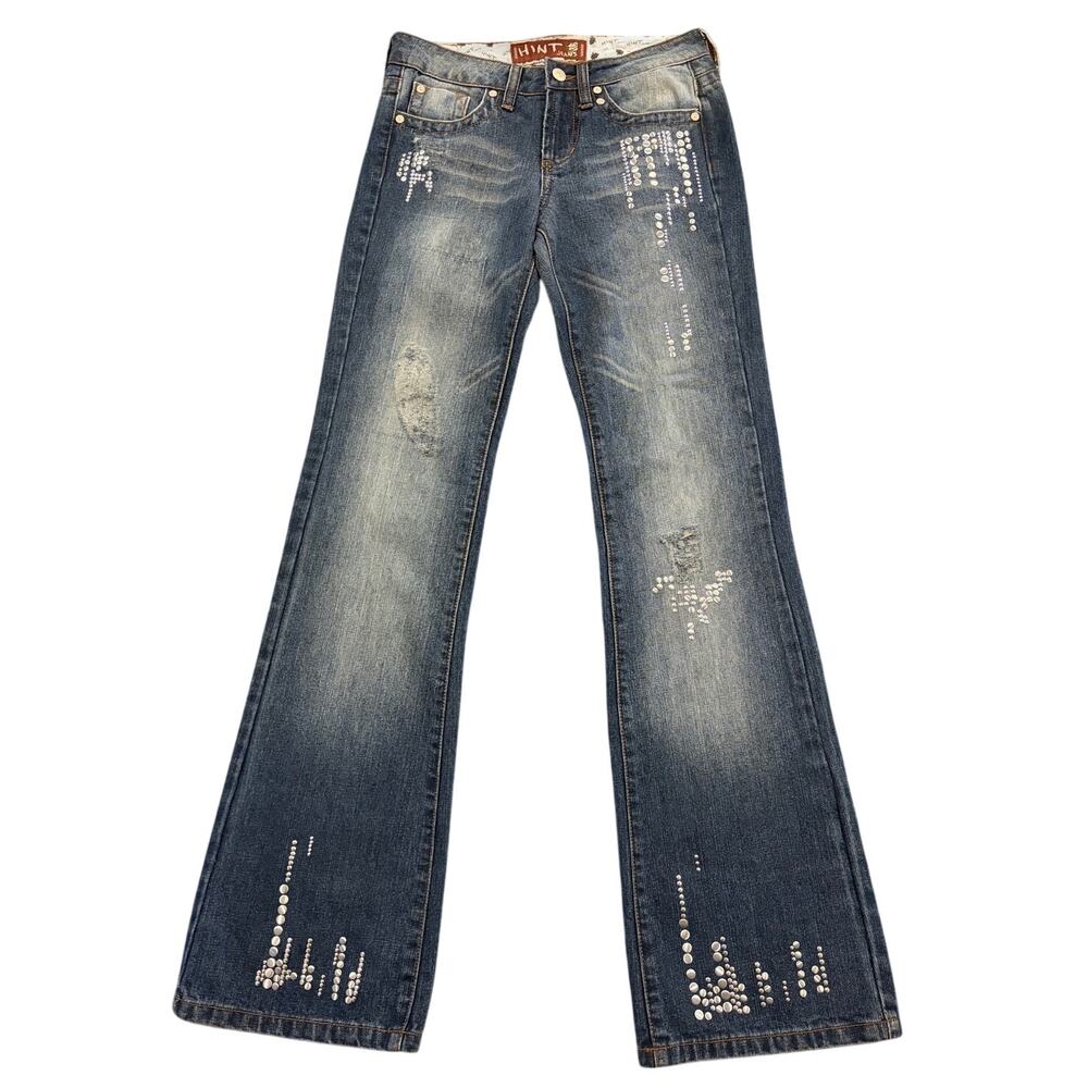 Hint Jeans Women Embellished Bootcut Denim Low Rise 1 Medium Wash Stretch Jewel